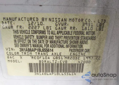2011 Nissan Sentra 2.0Sr from USA, damaged, VIN 3N1AB6AP1BL655614